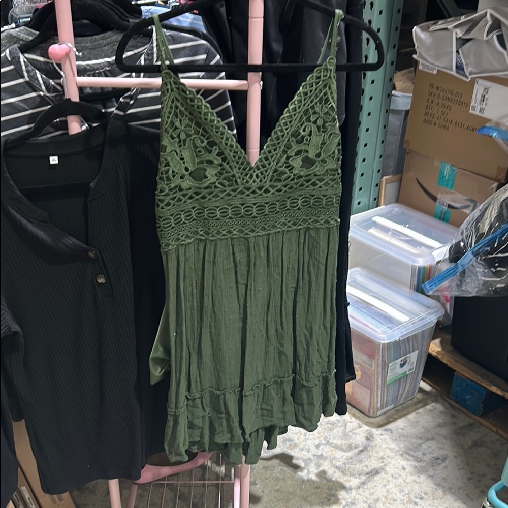 Green Lace Trim Sleeveless Dress